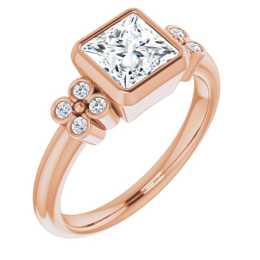 10K Rose Gold Customizable 9-stone Bezel-set Princess/Square Cut Design with Quad Round Bezel Side Stones Each Side