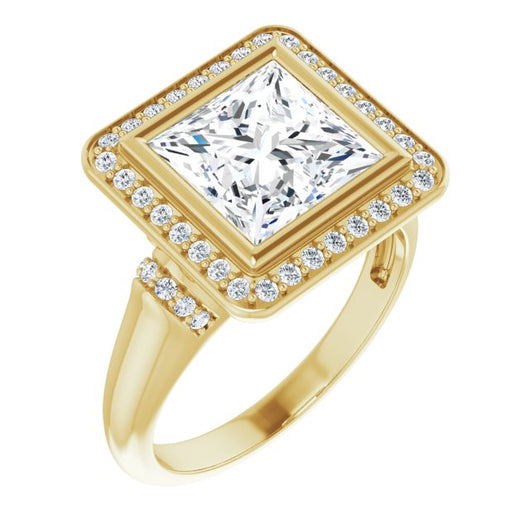 10K Yellow Gold Customizable Bezel-set Princess/Square Cut Design with Halo and Vertical Round Channel Accents