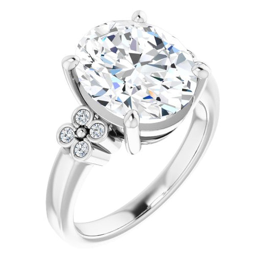 10K White Gold Customizable 9-stone Design with Oval Cut Center and Complementary Quad Bezel-Accent Sets