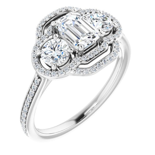 10K White Gold Customizable Enhanced 3-stone Double-Halo Style with Emerald/Radiant Cut Center and Thin Band