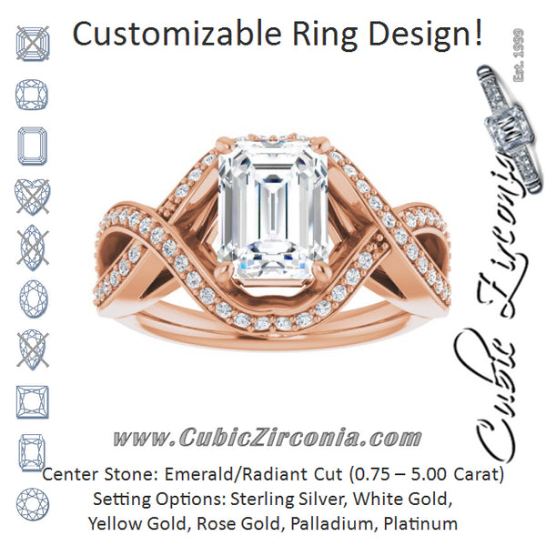 Cubic Zirconia Engagement Ring- The Gwenyth (Customizable Emerald Cut Design with Twisting, Infinity-Shared Prong Split Band and Bypass Semi-Halo)