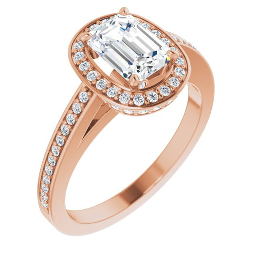 10K Rose Gold Customizable Cathedral-set Emerald/Radiant Cut Design with Halo, Thin Pavé Band & Round-Bezel Peekaboos