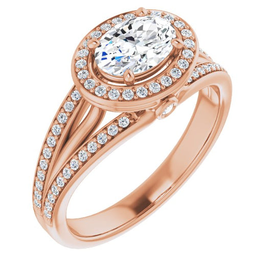 10K Rose Gold Customizable High-set Oval Cut Design with Halo, Wide Tri-Split Shared Prong Band and Round Bezel Peekaboo Accents