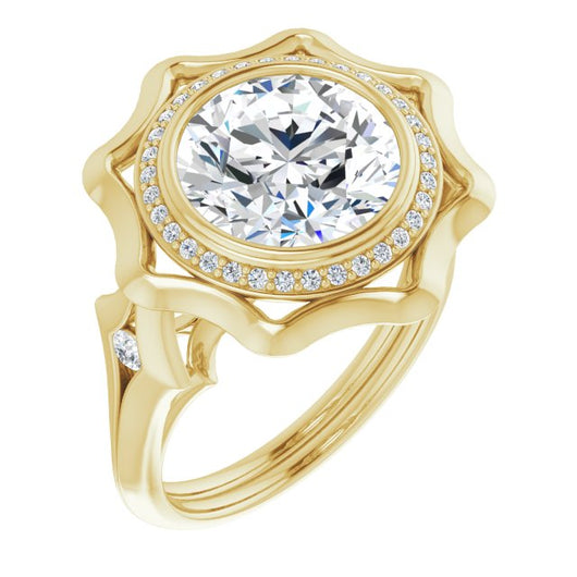 10K Yellow Gold Customizable Bezel-set Round Cut with Halo & Oversized Floral Design