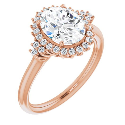 10K Rose Gold Customizable Oval Cut Cathedral-Halo Design with Tri-Cluster Round Accents