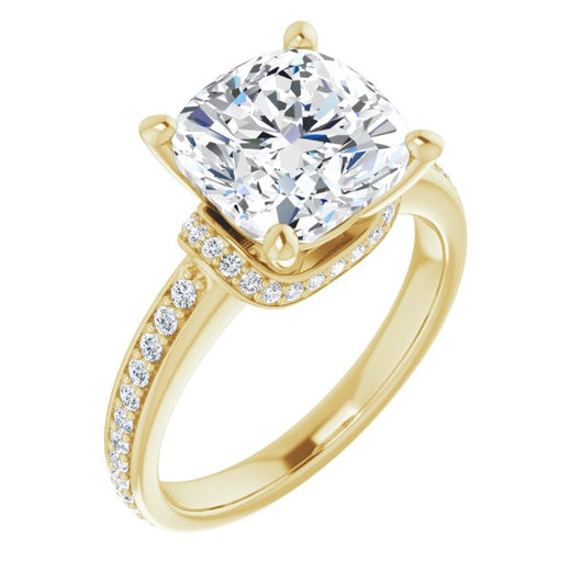 10K Yellow Gold Customizable Cushion Cut Setting with Organic Under-halo & Shared Prong Band