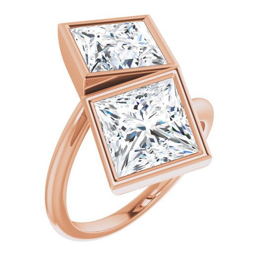 10K Rose Gold Customizable 2-stone Double Bezel Princess/Square Cut Design with Artisan Bypass Band