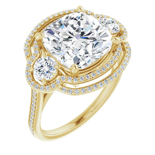 10K Yellow Gold Customizable Enhanced 3-stone Double-Halo Style with Cushion Cut Center and Thin Band