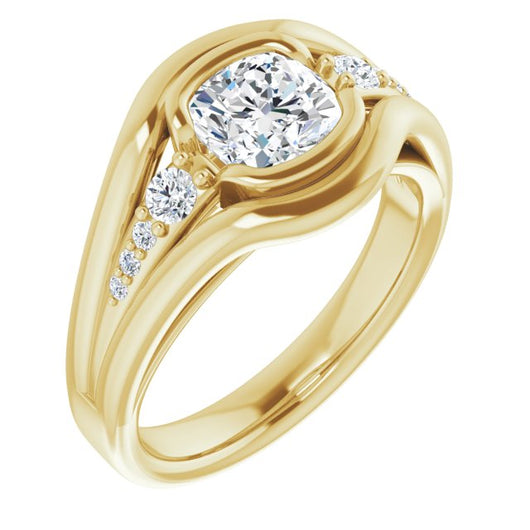 10K Yellow Gold Customizable 9-stone Cushion Cut Design with Bezel Center, Wide Band and Round Prong Side Stones