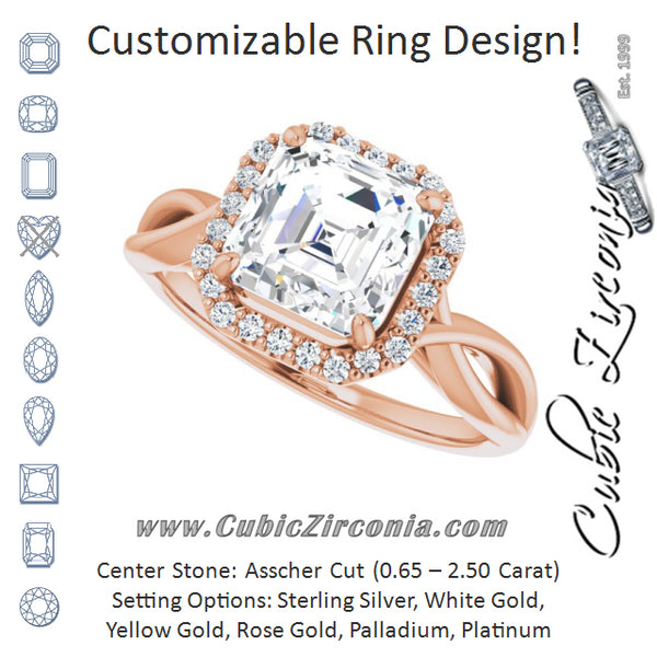 Cubic Zirconia Engagement Ring- The Yawén (Customizable Cathedral-Halo Asscher Cut Design with Twisting Split Band)