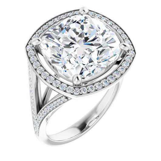 10K White Gold Customizable Cathedral-Halo Cushion Cut Style featuring Split-Shared Prong Band