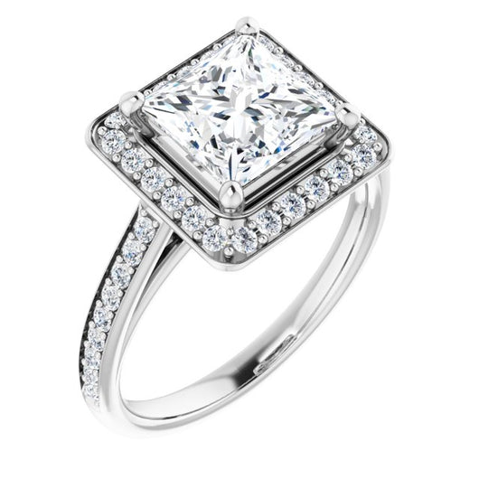 10K White Gold Customizable Cathedral-raised Princess/Square Cut Halo-and-Accented Band Design