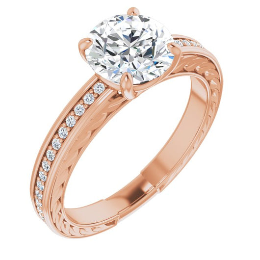 10K Rose Gold Customizable Round Cut Design with Rope-Filigree Hammered Inlay & Round Channel Accents