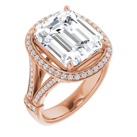 10K Rose Gold Customizable Emerald/Radiant Cut Setting with Halo, Under-Halo Trellis Accents and Accented Split Band