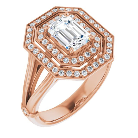 10K Rose Gold Customizable Cathedral-set Emerald/Radiant Cut Design with Double Halo, Wide Split Band and Side Knuckle Accents