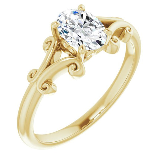 10K Yellow Gold Customizable Oval Cut Solitaire with Band Flourish and Decorative Trellis