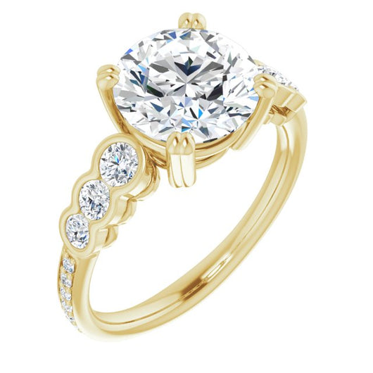 14K Yellow Gold Customizable Round Cut 7-stone Style Enhanced with Bezel Accents and Shared Prong Band