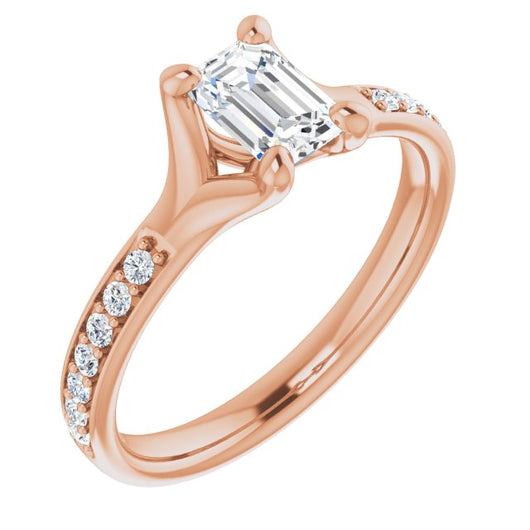 10K Rose Gold Customizable Heavy Prong-Set Emerald/Radiant Cut Style with Round Cut Band Accents