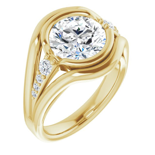 10K Yellow Gold Customizable 9-stone Round Cut Design with Bezel Center, Wide Band and Round Prong Side Stones