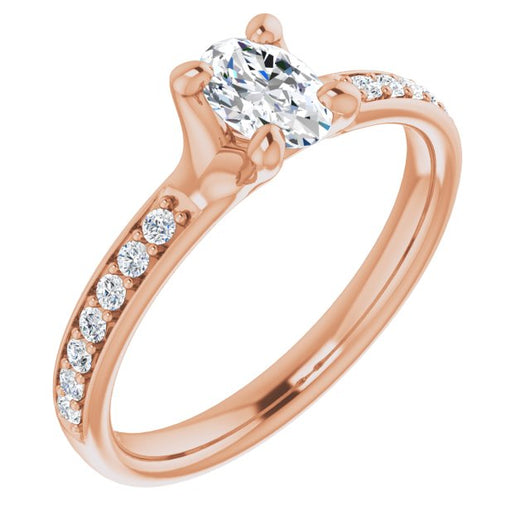 10K Rose Gold Customizable Heavy Prong-Set Oval Cut Style with Round Cut Band Accents