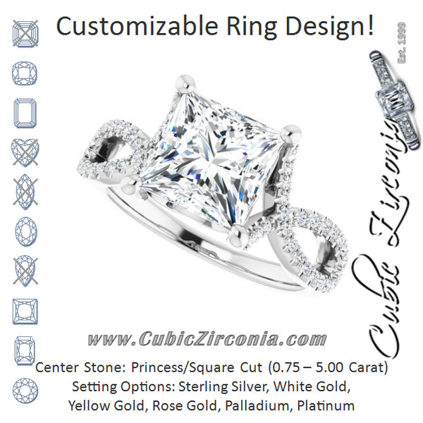 Cubic Zirconia Engagement Ring- The Venus (Customizable Princess/Square Cut Design with Twisting Infinity-inspired, Pavé Split Band)