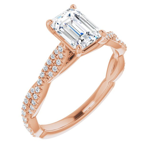 10K Rose Gold Customizable Emerald/Radiant Cut Style with Thin and Twisted Micropavé Band