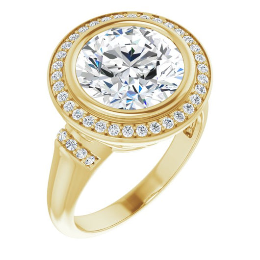 10K Yellow Gold Customizable Bezel-set Round Cut Design with Halo and Vertical Round Channel Accents