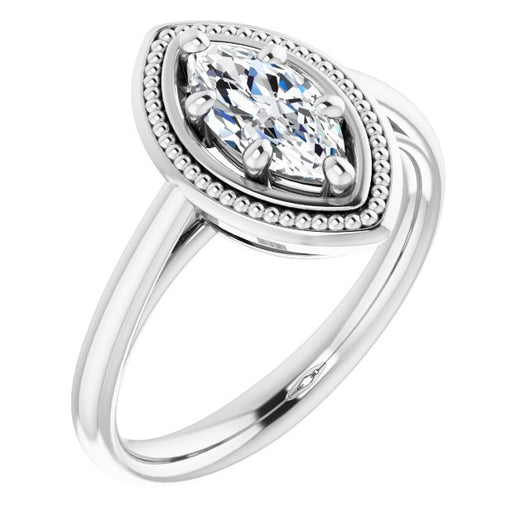 10K White Gold Customizable Marquise Cut Solitaire with Metallic Drops Halo Lookalike