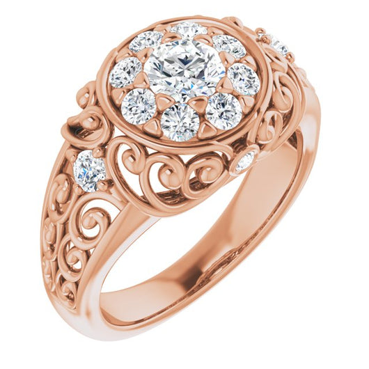 10K Rose Gold Customizable Round Cut Halo Style with Round Prong Side Stones and Intricate Metalwork