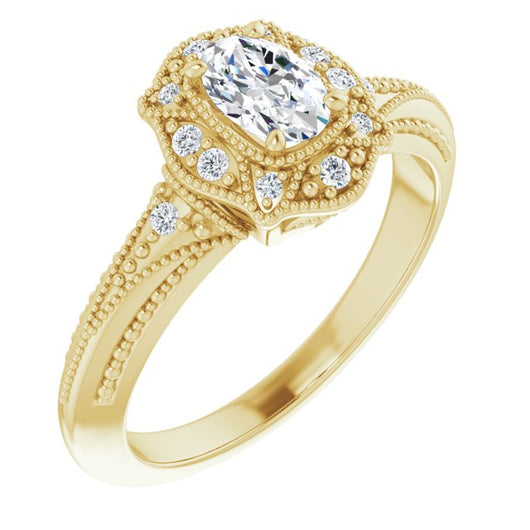 10K Yellow Gold Customizable Vintage Oval Cut Design with Beaded Milgrain and Starburst Semi-Halo