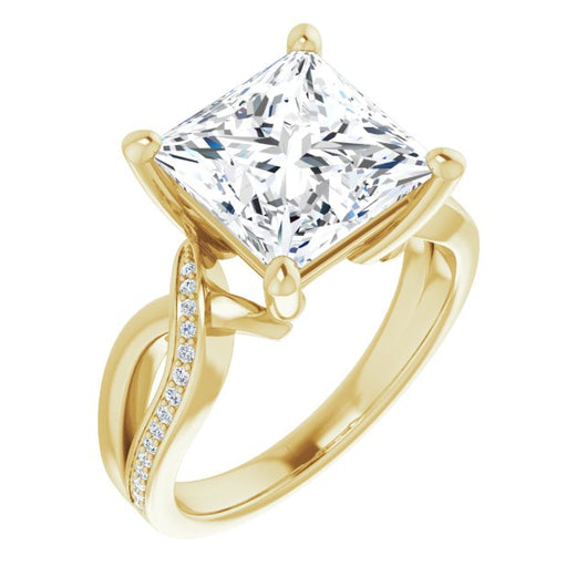 10K Yellow Gold Customizable Princess/Square Cut Center with Curving Split-Band featuring One Shared Prong Leg