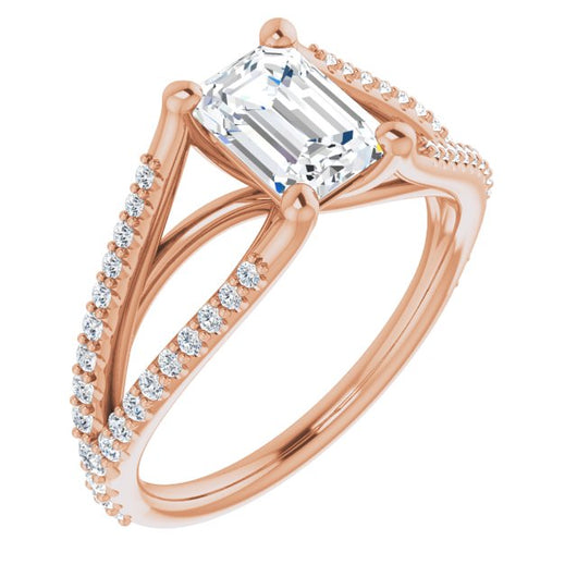 10K Rose Gold Customizable Cathedral-raised Emerald/Radiant Cut Center with Exquisite Accented Split-band