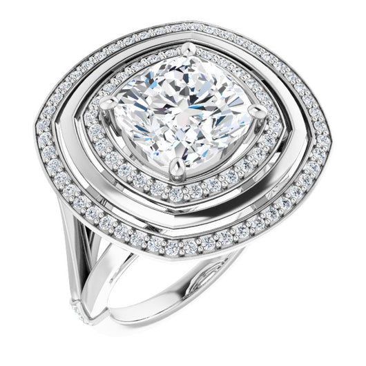 10K White Gold Customizable Cushion Cut Oversized 2x Halo Style with Knuckle Accented Split Band