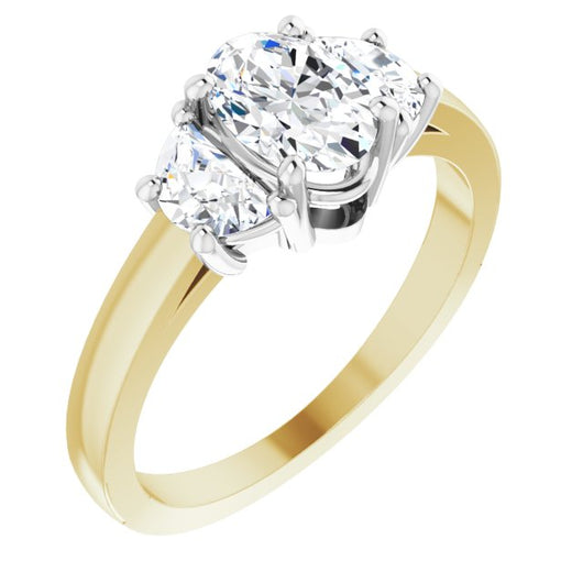 14K Yellow & White Gold Customizable 3-stone Design with Oval Cut Center and Half-moon Side Stones