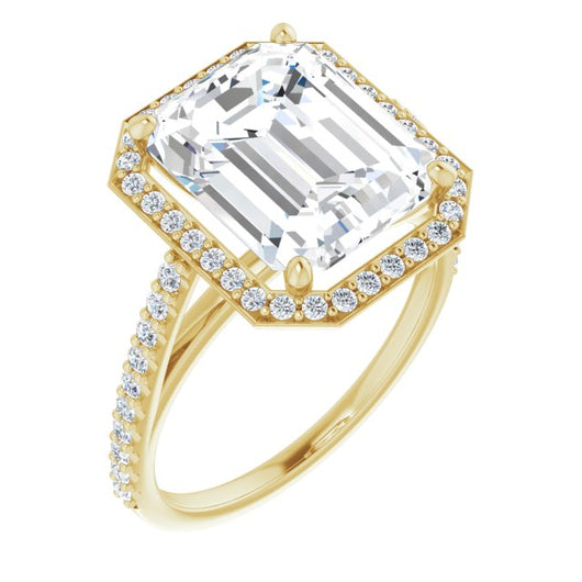 10K Yellow Gold Customizable Emerald/Radiant Cut Design with Halo and Thin Pavé Band