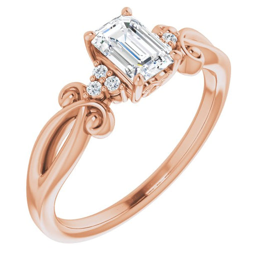 10K Rose Gold Customizable 7-stone Emerald/Radiant Cut Design with Tri-Cluster Accents and Teardrop Fleur-de-lis Motif