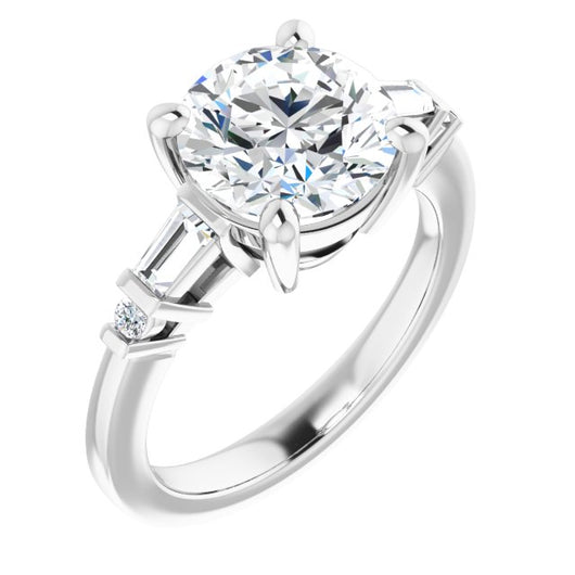 10K White Gold Customizable 5-stone Baguette+Round-Accented Round Cut Design)