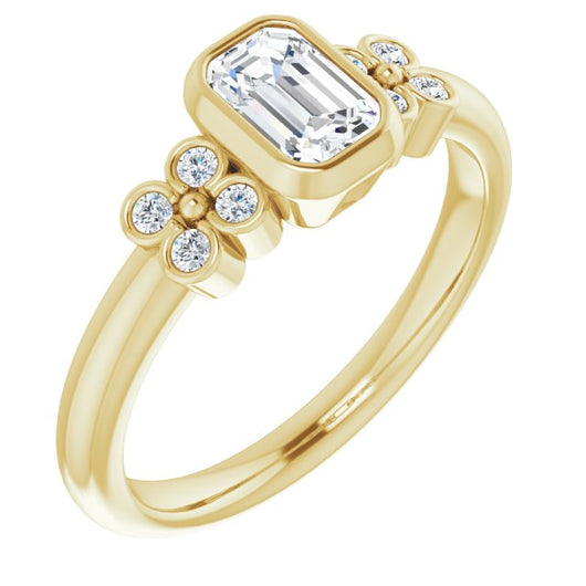 10K Yellow Gold Customizable 9-stone Bezel-set Emerald/Radiant Cut Design with Quad Round Bezel Side Stones Each Side