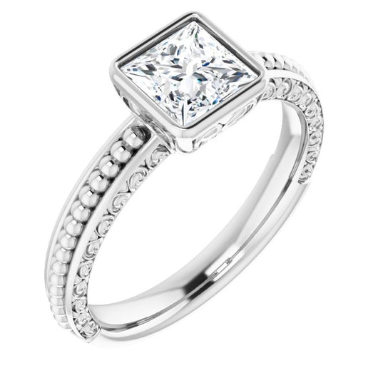 10K White Gold Customizable Bezel-set Princess/Square Cut Solitaire with Beaded and Carved Three-sided Band