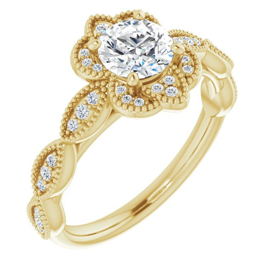 10K Yellow Gold Customizable Cathedral-style Round Cut Design with Floral Segmented Halo & Milgrain+Accents Band