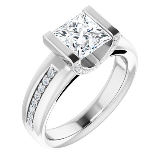 10K White Gold Customizable Cathedral-Bar Princess/Square Cut Design featuring Shared Prong Band and Prong Accents