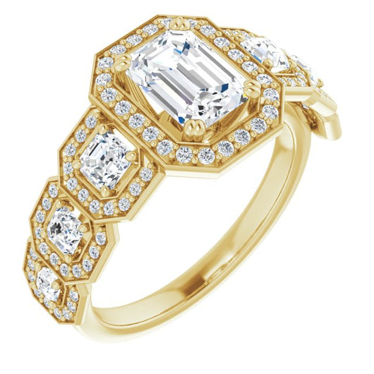 10K Yellow Gold Customizable Cathedral-Halo Emerald/Radiant Cut Design with Six Halo-surrounded Asscher Cut Accents and Ultra-wide Band