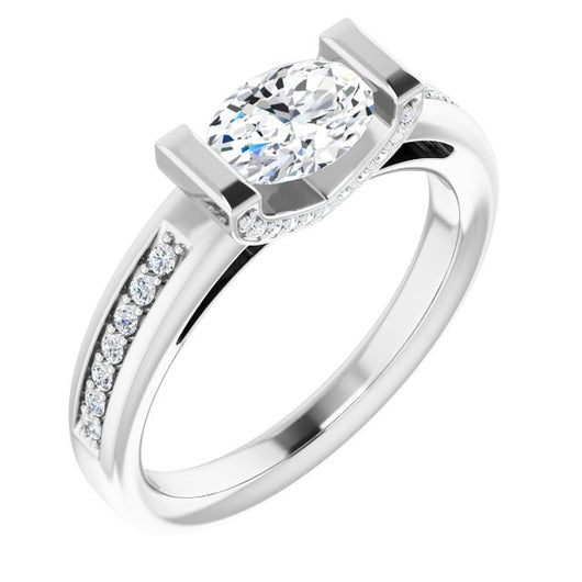 10K White Gold Customizable Cathedral-Bar Oval Cut Design featuring Shared Prong Band and Prong Accents