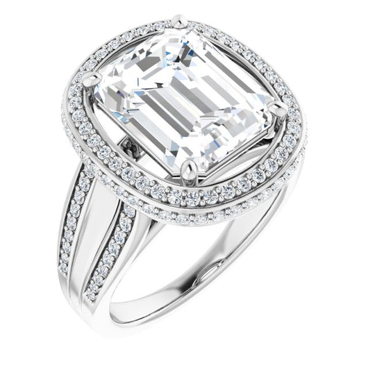 10K White Gold Customizable Halo-style Emerald/Radiant Cut with Under-halo & Ultra-wide Band