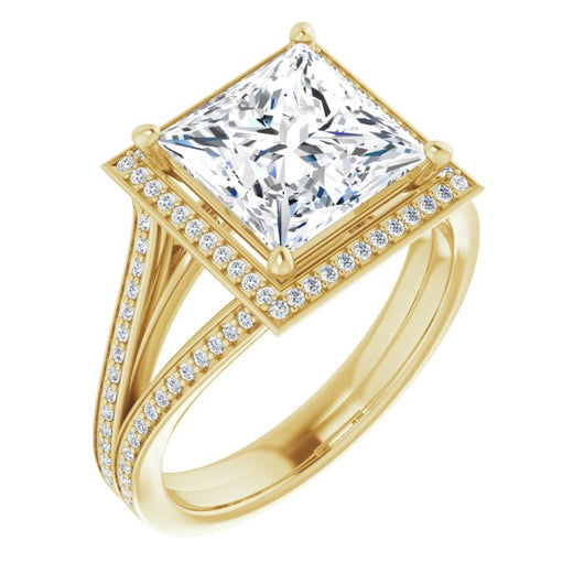 10K Yellow Gold Customizable Princess/Square Cut Design with Split-Band Shared Prong & Halo