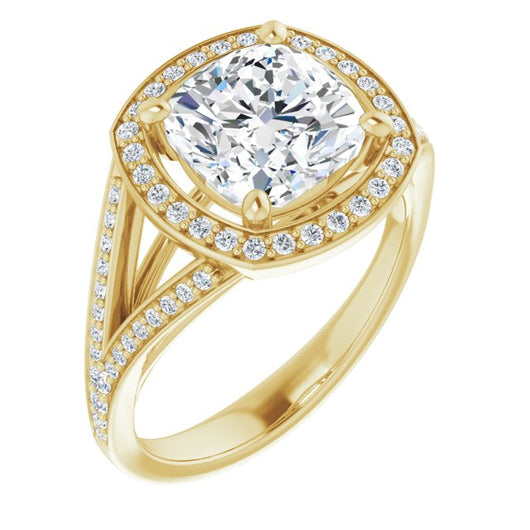 10K Yellow Gold Customizable Cathedral-Halo Cushion Cut Style featuring Split-Shared Prong Band