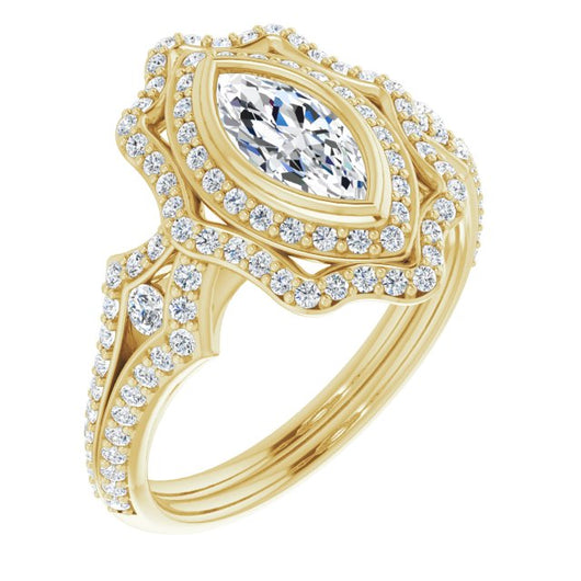 10K Yellow Gold Customizable Marquise Cut Style with Ultra-wide Pavé Split-Band and Nature-Inspired Double Halo