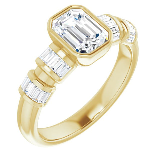 10K Yellow Gold Customizable Bezel-set Emerald/Radiant Cut Design with Quad Horizontal Band Sleeves of Baguette Accents