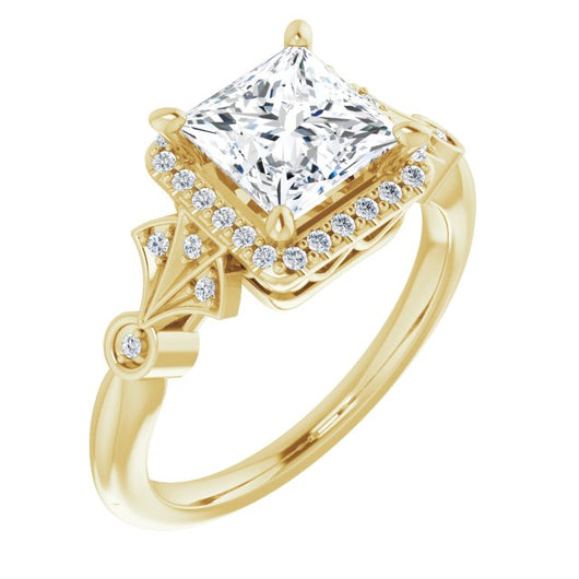 10K Yellow Gold Customizable Cathedral-Crown Princess/Square Cut Design with Halo and Scalloped Side Stones