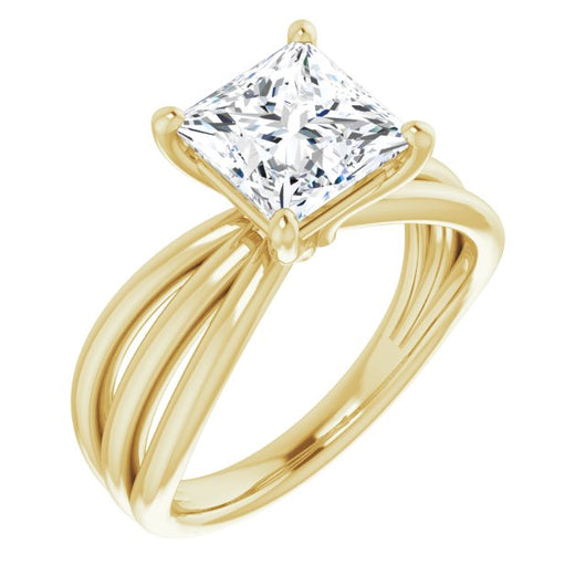 10K Yellow Gold Customizable Princess/Square Cut Solitaire Design with Wide, Ribboned Split-band